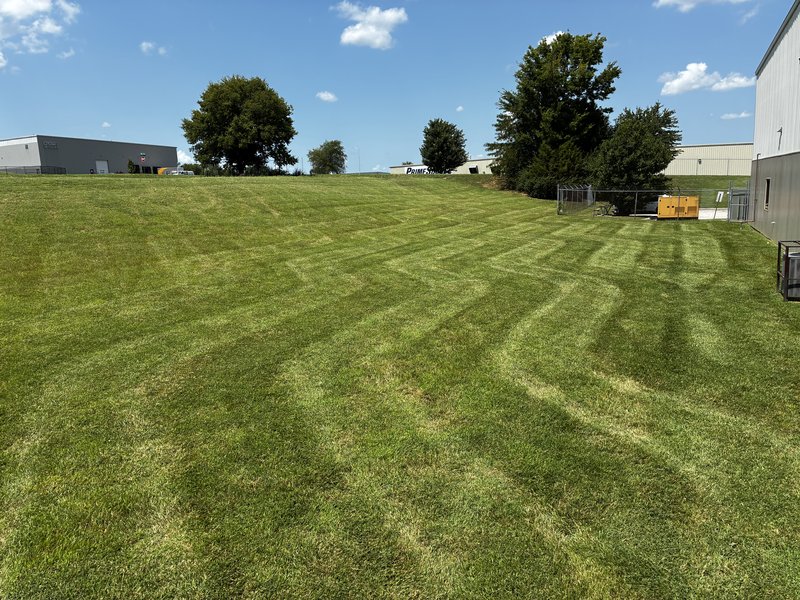 Commercial sloped lawn with a patterned cut in Springfield, MO.
